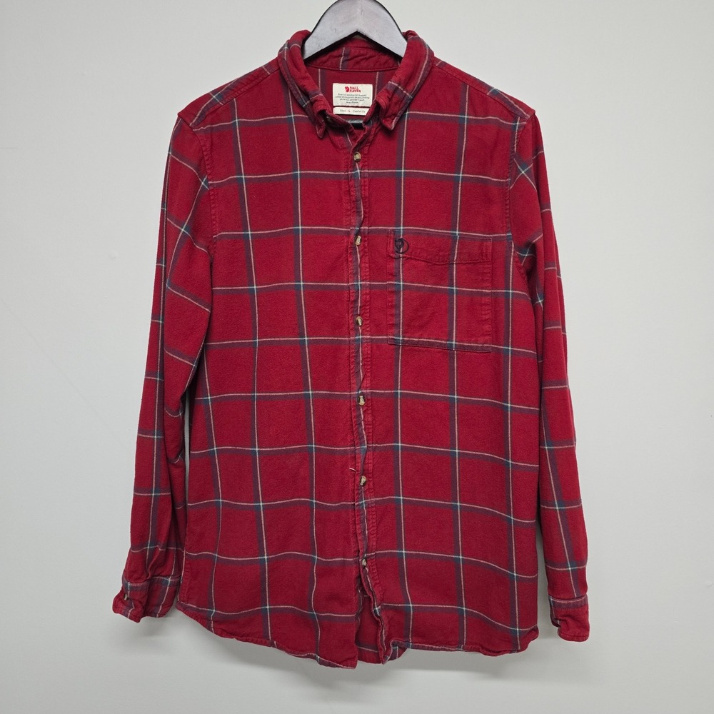 Fjallraven Ovik Comfort Flannel Shirt Mens L Red Plaid Cotton Button Down Pocket